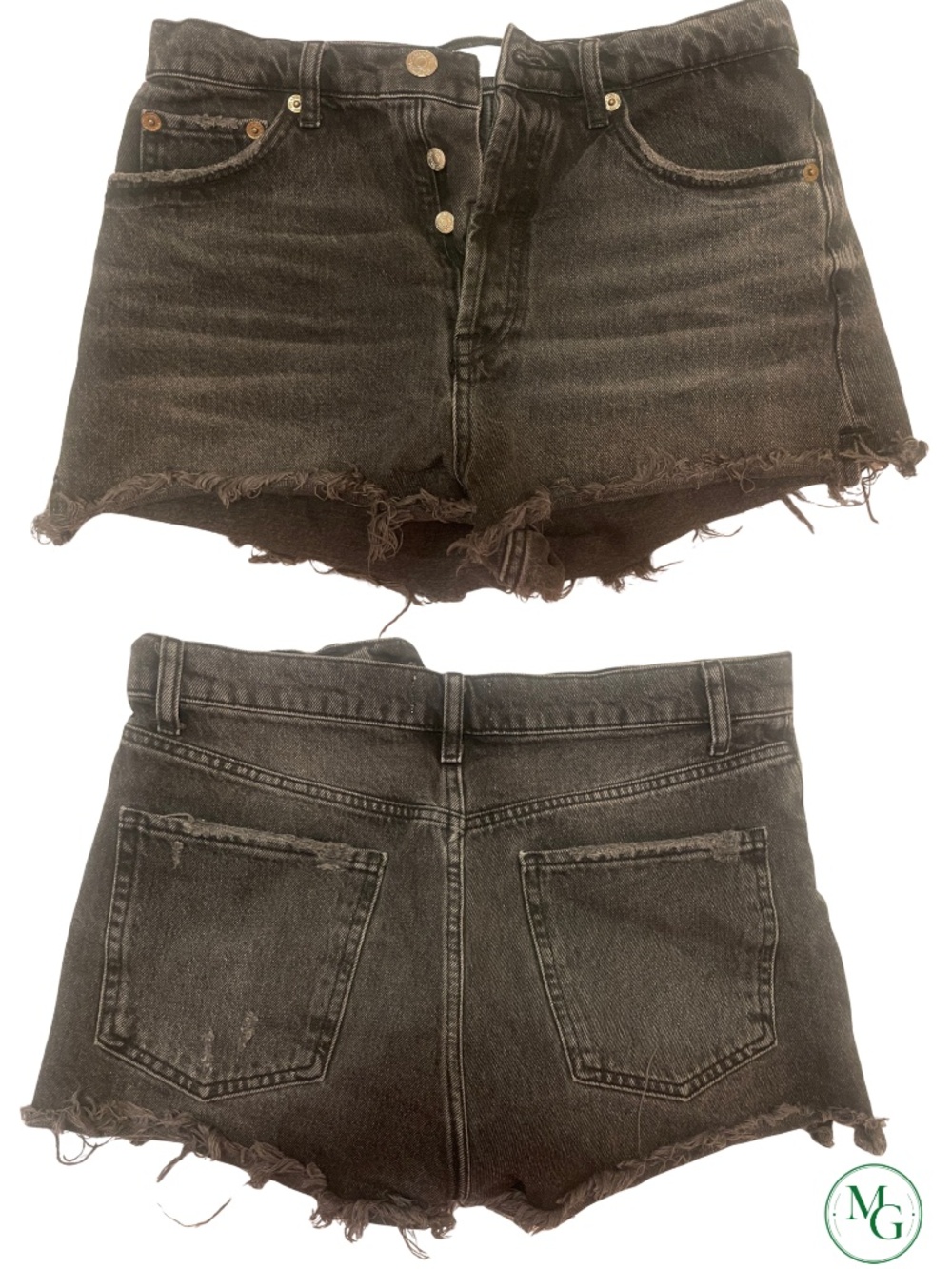 ZARA Black Distressed Denim Shorts High Waisted Frayed Hem Button Fly Size 8